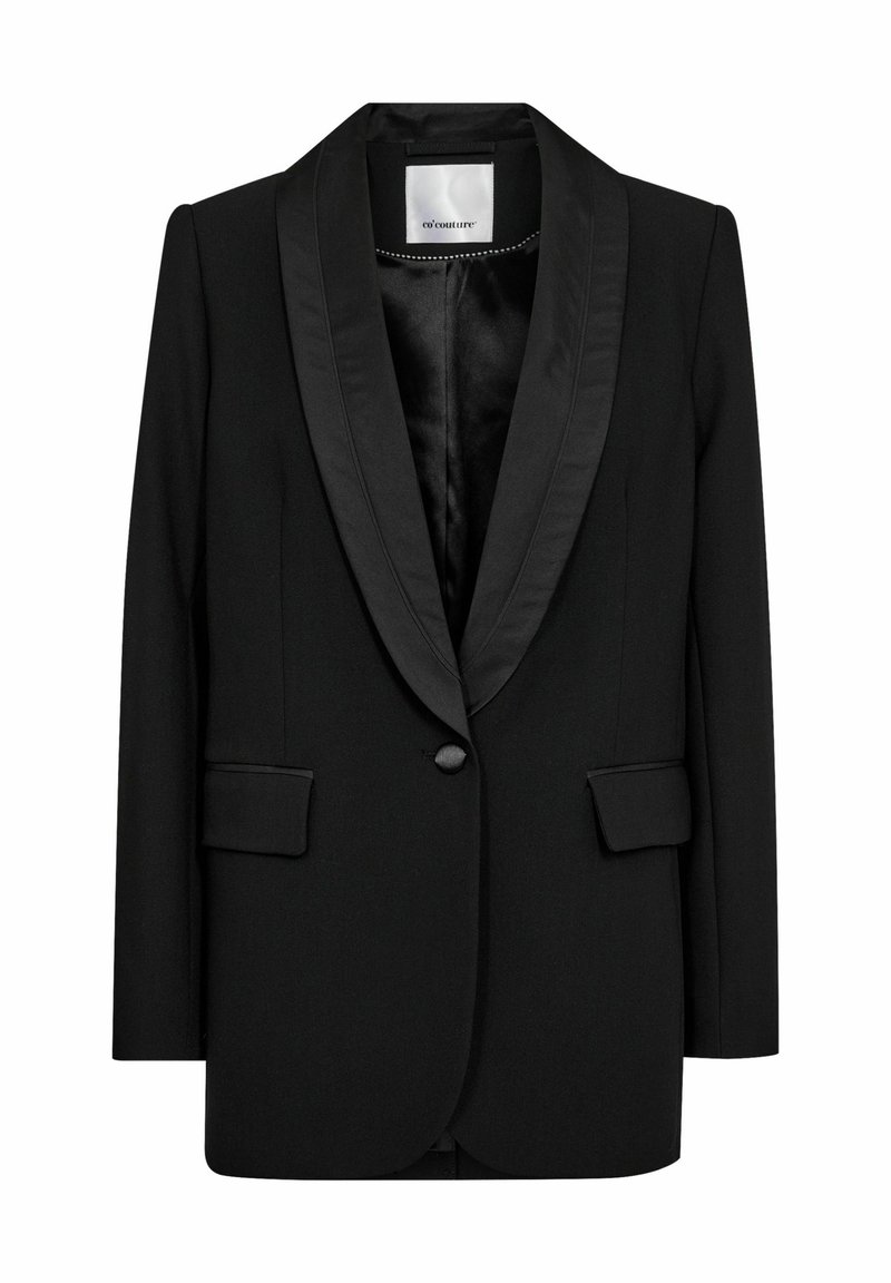 Schwarzer Blazer mit Satinrevers, Ein-Knopf-Verschluss, zwei Vorderaschen und einem glatten Innenfutter. Bietet eine taillierte Struktur und klassisches Design.