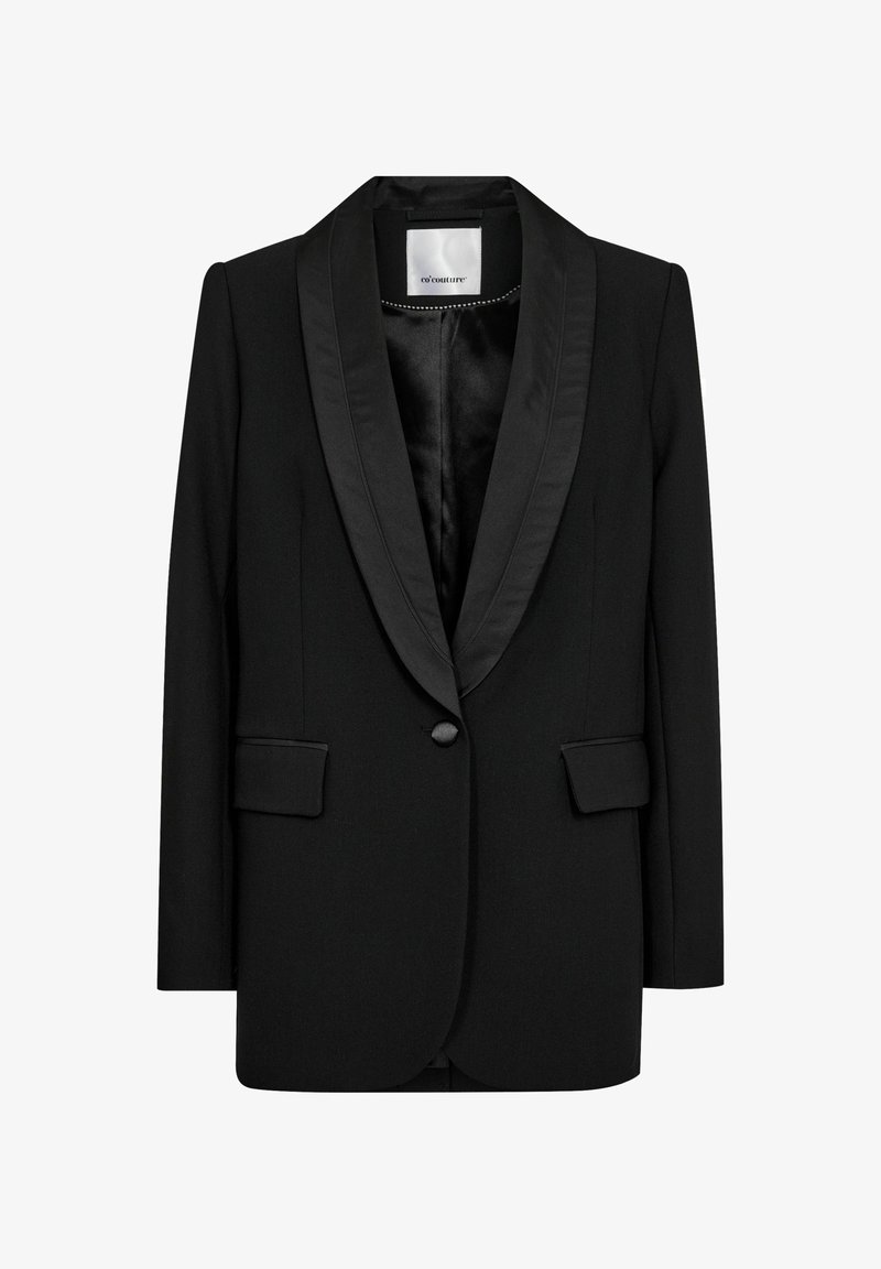 Mustat bleiseri, jossa on satiinikaulus, yksi napin sulkeminen, kaksi etutaskua ja sileä vuori. Ominaisuuksiin kuuluu räätälöity rakenne ja klassinen muotoilu.