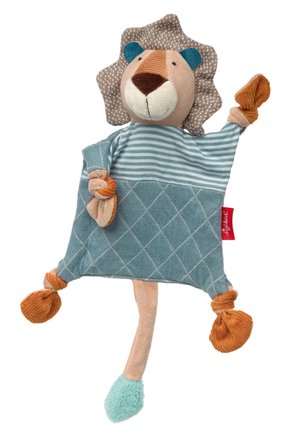 Soft fabric lion toy with a striped shirt, quilted blue body, knotted orange paws, and a tufted blue tail tip.