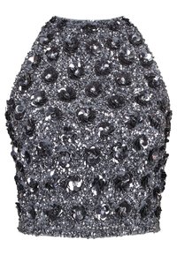 Silver sequin crop top featuring a round neck, floral sequined pattern, and a fitted silhouette. The texture is shiny and reflective.