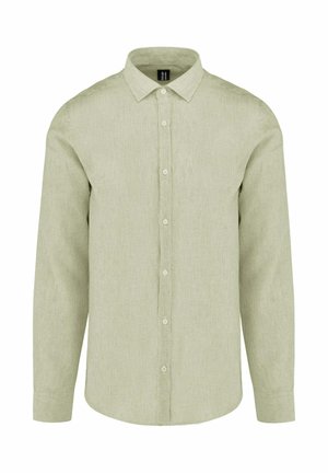 Koszula z długim rękawem na guziki, z subtelnym pionowym wzorem w jasnym oliwkowym zielonym kolorze, z klasycznym kołnierzem i zapinanymi na guziki mankietami.