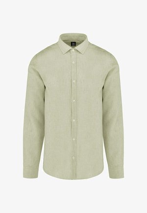 Koszula z długim rękawem na guziki, z subtelnym pionowym wzorem w jasnym oliwkowym zielonym kolorze, z klasycznym kołnierzem i zapinanymi na guziki mankietami.