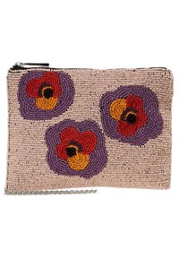 Beaded beige clutch with three purple, red, orange, and black floral designs and a silver zipper and chain detail.