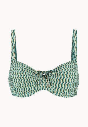 Top de bikini con aros moldeados en color verde azulado con un patrón geométrico, detalle de lazo en el centro, tirantes ajustables y tela texturizada.