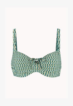 Gevormde beugel-bikinitop in teal met geometrisch patroon, voorzien van een strikdetail in het midden, verstelbare bandjes en gestructureerde stof.