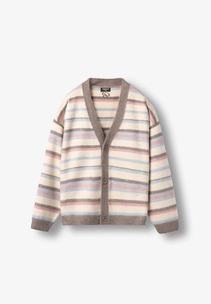 Knopfverschluss-Cardigan in Creme mit mehrfarbigen Streifen in zartem Rosa, Blau und Braun. Mit V-Ausschnitt und weichem Material.