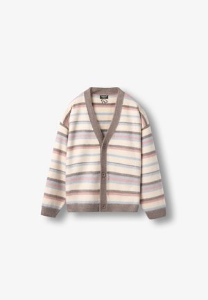 Kardigan z gumbi v kremni barvi z večbarvnimi črtami v pastelnih odtenkih roza, modre in rjave. Ima V-izrez in mehak videz.