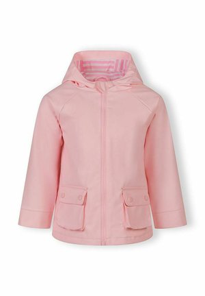 Veste de pluie à capuche rose pour enfants avec fermeture éclair frontale et deux poches à rabat avec bouton-pression, doublure rayée à l'intérieur de la capuche.