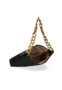 Zwarte gewatteerde handtas met een gouden kettingband en gaasdetail, voorzien van een met rits afgesloten opening en een satijnen binnenkant.