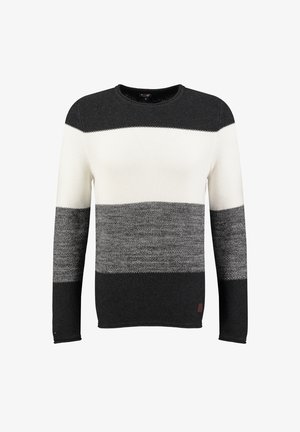 Sweter dzianinowy z poziomymi paskami w kolorze czarnym, białym i szarym. Okrągły dekolt, długie rękawy i teksturowana tkanina. Dołączona mała metka z logo.