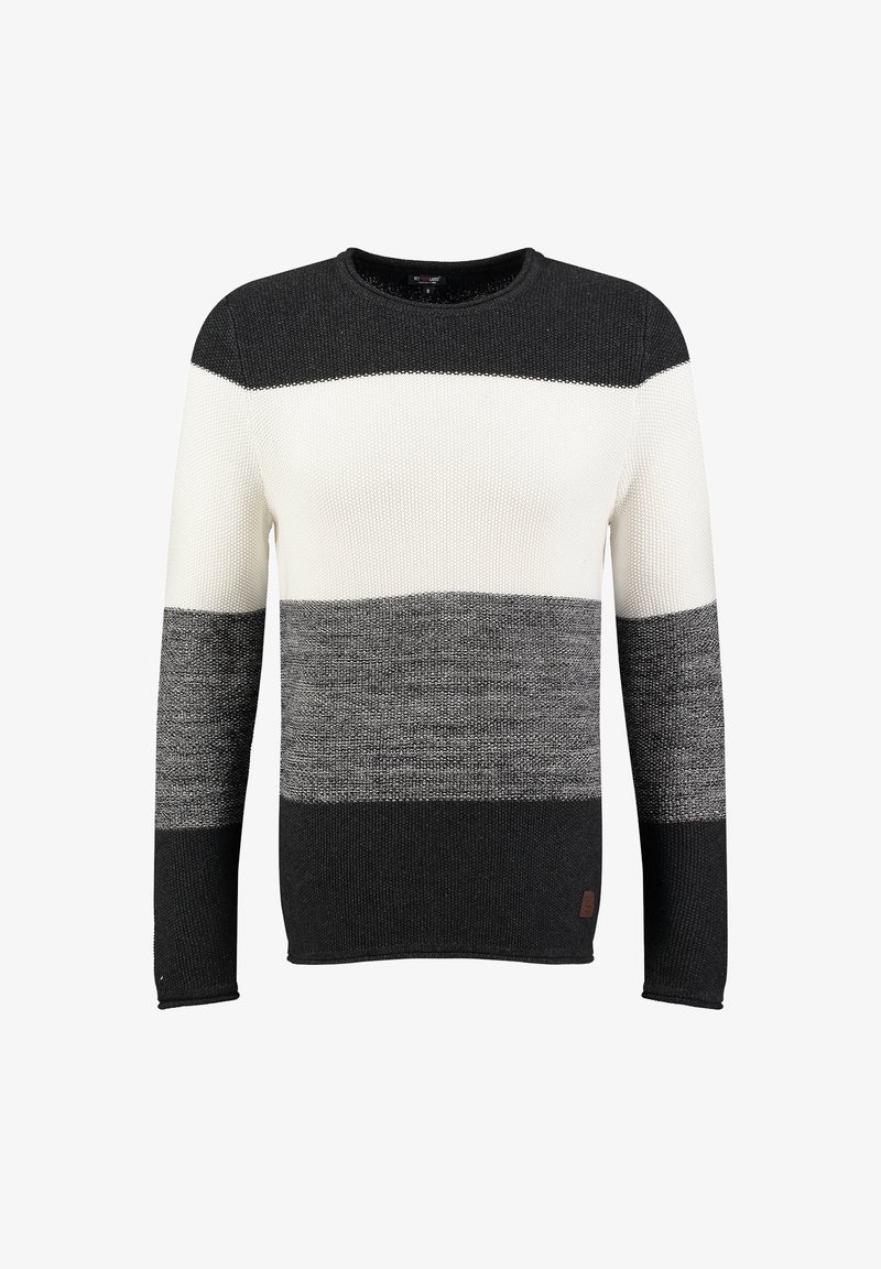 Strickpullover mit horizontalen Streifen in Schwarz, Weiß und Grau. Runder Halsausschnitt, lange Ärmel und strukturiertes Material. Kleine Logo-Applikation enthalten.