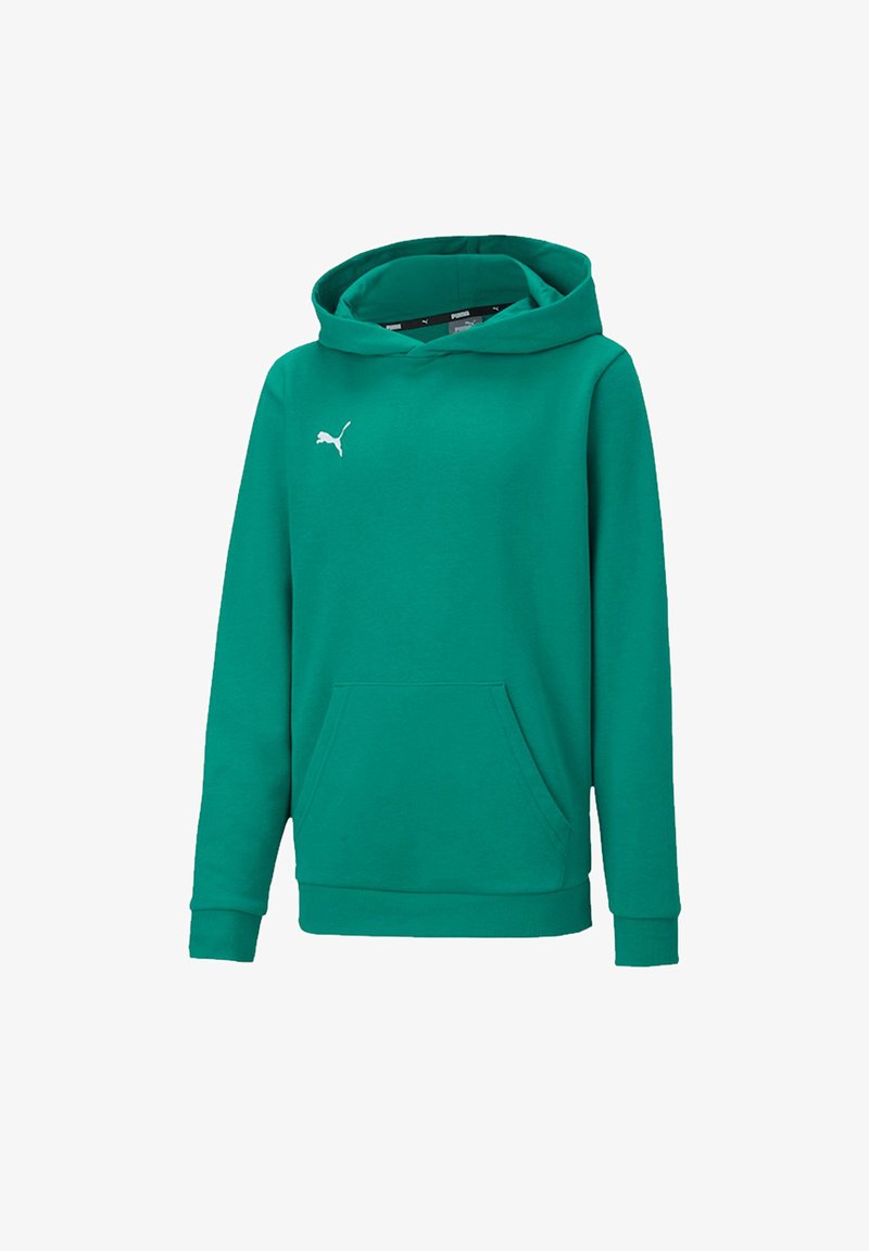 Felpa verde realizzata in tessuto morbido, dotata di tasca a marsupio, polsini a coste e un logo bianco sul petto.