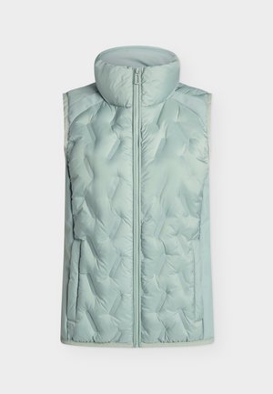 Világos kék, ujjatlan mellény, magas gallérral, steppelt textúrával, elülső cipzárral és oldalsó zsebekkel, sima, szintetikus anyagból készült.