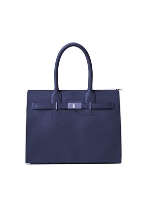 Navy blue leather handbag with a textured surface, structured design, double handles, and a clasp closure. Features minimal hardware accents.
