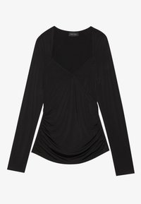 Black long-sleeve women's top with V-neck, gathered sides, and a fitted silhouette.