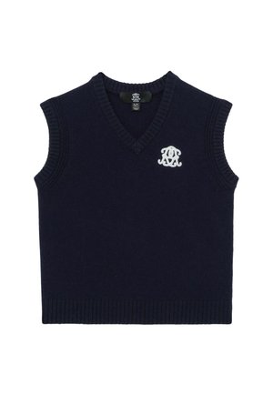 Tengerészkék ujjatlan kötött mellény V-nyakkal és bordázott szegélyekkel. Bal mellrészen fehér hímzett logóval. Puha tapintású.
