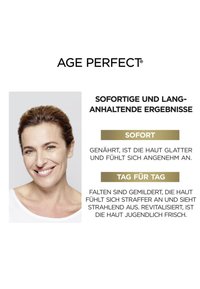 Age Perfect-produktannonsen visar en leende kvinna med medellångt brunt hår, iförd en vit topp mot en neutral bakgrund.