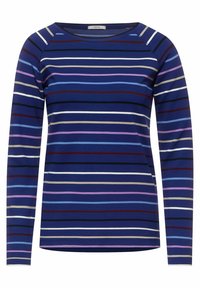 Langärmliges Oberteil mit blauem Grundton und einer Vielzahl von horizontalen Streifen in Lila, Weiß, Burgunder und Oliv. Verfügt über einen runden Ausschnitt.