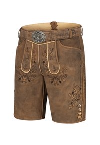 Brune lædershorts med indviklet blomsterbroderi og kontrastsyning. Har en dekoreret sølvspænde og knapdetaljer.