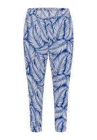 Blue and white patterned pants featuring a leaf design, made from lightweight fabric, with an elastic waistband and tapered fit.