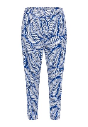 Blue and white patterned pants featuring a leaf design, made from lightweight fabric, with an elastic waistband and tapered fit.