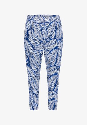 Pantaloni albi cu imprimeu albastru cu model de frunze, talie elastică și croială conică. Confecționați dintr-un material ușor.