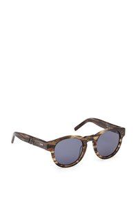 Runde solbriller med brune skildpaddemønstrede acetatstel og mørke grå linser. Har et robust design med buede arme og minimal branding.