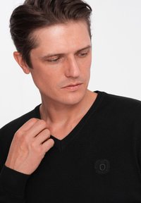 Schwarzer, gestrickter V-Ausschnitt-Pullover mit gerippten Bündchen und einem dezenten Logo auf der Brust. Der Stoff wirkt weich mit einer glatten Textur.