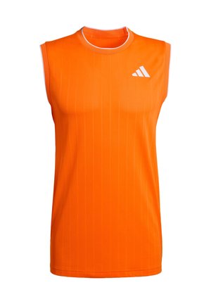 Orange sleeveless athletic shirt with a round neck, featuring vertical stripes and a small white logo on the chest. Made from breathable fabric.