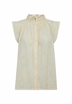 Kreminės spalvos trumpomis rankovėmis palaidinė su raukšlėtu aukštu atvartėliu, priekiniais mygtukais ir subtiliais siuvinėtais gėlių raštais ant lengvos medžiagos.