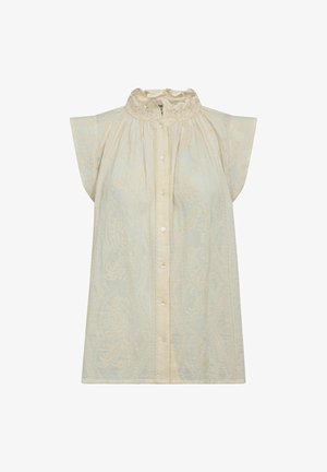 Crèmekleurige blouse met korte mouwen, gerimpelde hoge kraag, knopen aan de voorkant en subtiele geborduurde bloemmotieven op lichtgewicht stof.