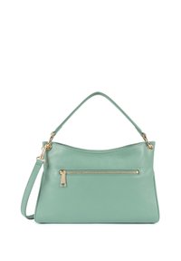 Borsa a tracolla in pelle verde menta con una texture liscia, dotata di una tasca con zip sul davanti e di una tracolla con accessori in tonalità oro.