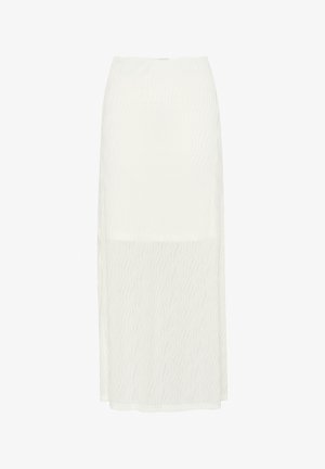 Valge maksikleit, mis on valmistatud kergest kangast, millel on õrn laineline tekstuur, sirge lõike ja elegantse, minimalistliku disainiga.