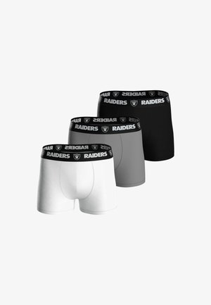 Three pairs of boxer briefs in white, gray, and black, featuring a black elastic waistband with "RAIDERS" logo and emblem design.
