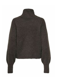 Pull col roulé tricoté marron foncé avec de longues manches ballon et des poignets côtelés, vu de dos sur fond blanc.