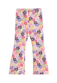 Dzwonowate legginsy z materiału prążkowanego, z wielokolorowym kwiatowym wzorem na jasnym kremowym tle.
