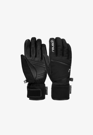Schwarze Winterhandschuhe mit einem Lederhandteller und einem synthetischen Obermaterial. Mit elastischen Bündchen und einem Logodetail am Handgelenk.