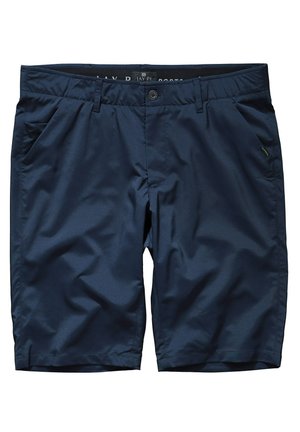 Marineblå shorts lavet af et glat stof med knaplukning, to sidelommer og et lille logo-tag på forsiden til venstre.