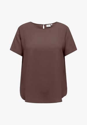 Brązowa bluzka z krótkim rękawem, okrągłym dekoltem i wycięciem z tyłu. Lekka tkanina o gładkiej fakturze i luźnym kroju.
