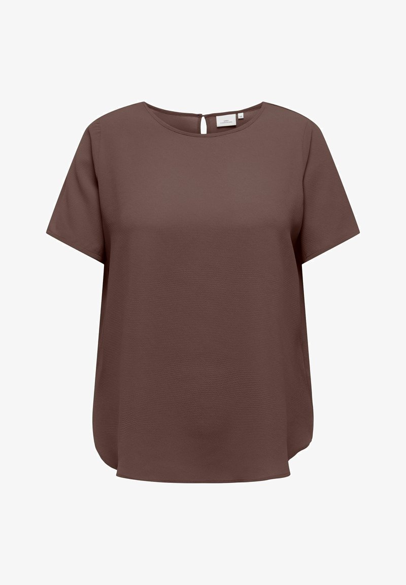 Brun kortærmet bluse med rund halsudskæring og nøglehul detalje på ryggen. Letvægtsstof med en glat tekstur og løs pasform.