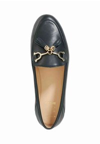 Black leather loafer with a flat, rounded toe, featuring gold-tone hardware and tassel accents on the vamp; smooth texture and elegant design.
