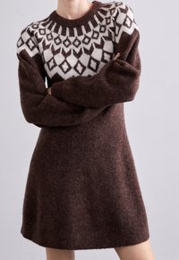 Robe en tricot marron avec un empiècement blanc à motifs. Dotée de manches longues et d'une texture douce, elle arrive au-dessus du genou avec une coupe décontractée.