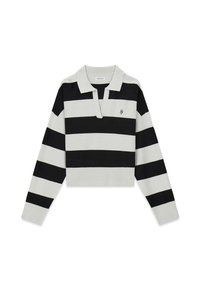 Pull court rayé noir et blanc avec un col polo et des poignets côtelés. Présente un petit logo brodé sur la poitrine.