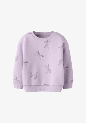 Ljuslila sweatshirt med lös passform. Har upprepade enhörningsmotiv i mörkare lila. Har en rund halsringning och ribbade ärmslut.