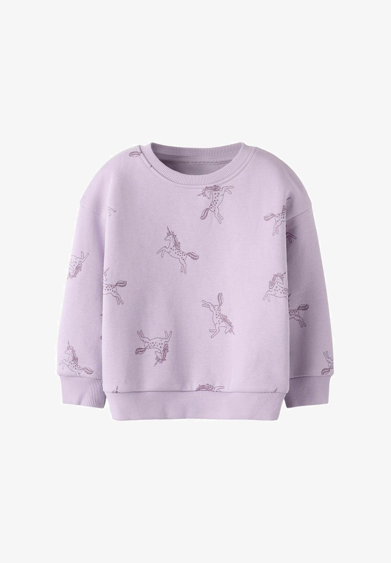 Felpa viola chiaro con vestibilità ampia. Presenta motivi ripetuti di unicorni in viola scuro. Ha una scollatura rotonda e polsini a costine.