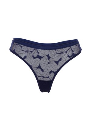 Perizoma in pizzo floreale blu navy caratterizzato da un tessuto trasparente con motivo a foglia, cintura solida e texture liscia. Decorazioni con cuciture decorative.