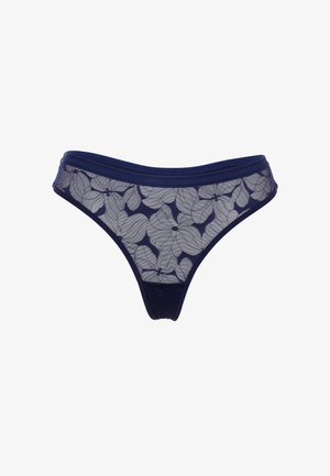Perizoma in pizzo floreale blu navy caratterizzato da un tessuto trasparente con motivo a foglia, cintura solida e texture liscia. Decorazioni con cuciture decorative.
