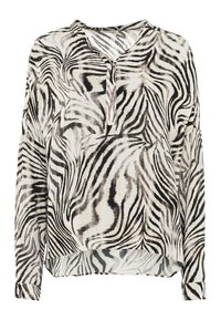 Bluzka z długim rękawem w czarno-białe paski zebry, z dekoltem w kształcie litery V i lekko zaokrąglonym dołem, wykonana z lekkiego materiału.