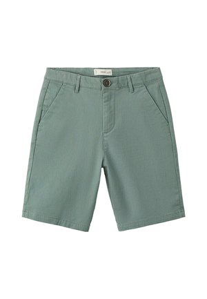 Zelené neformálne šortky s prednými vreckami, pútkami na opasok, zapínaním na gombík a zipsom.