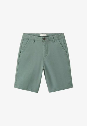 Shorts décontractés verts avec poches avant, passants de ceinture, fermeture à bouton et braguette zippée.